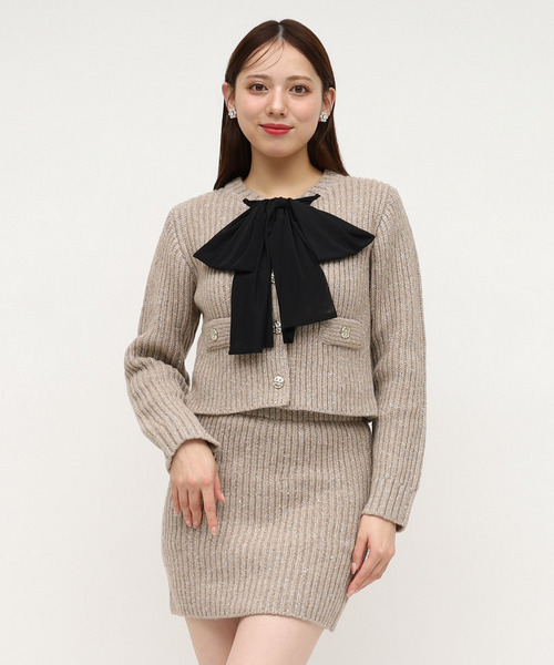 異素材リボンラメニットカーデトップス 詳細画像