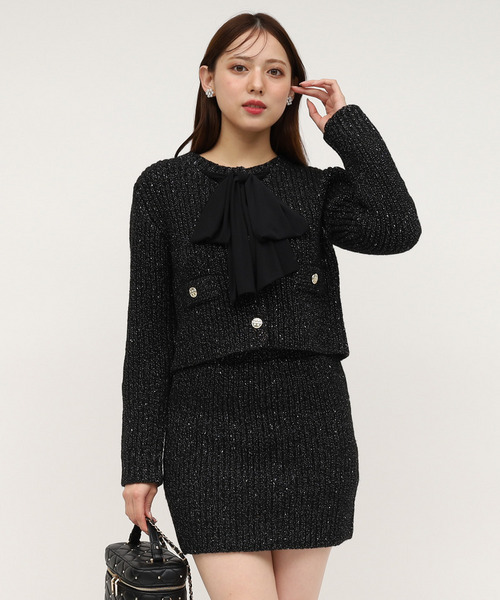 異素材リボンラメニットカーデトップス 詳細画像