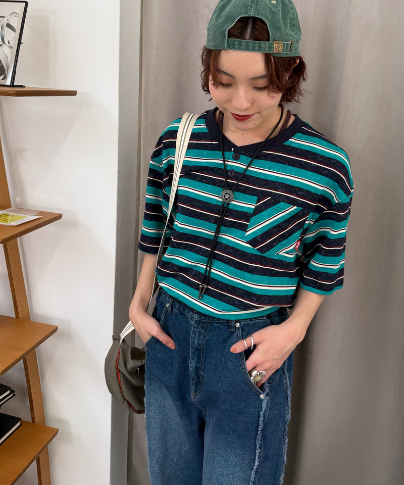 スプレー加工ボーダーヘンリープルオーバー 詳細画像 ネイビー 2