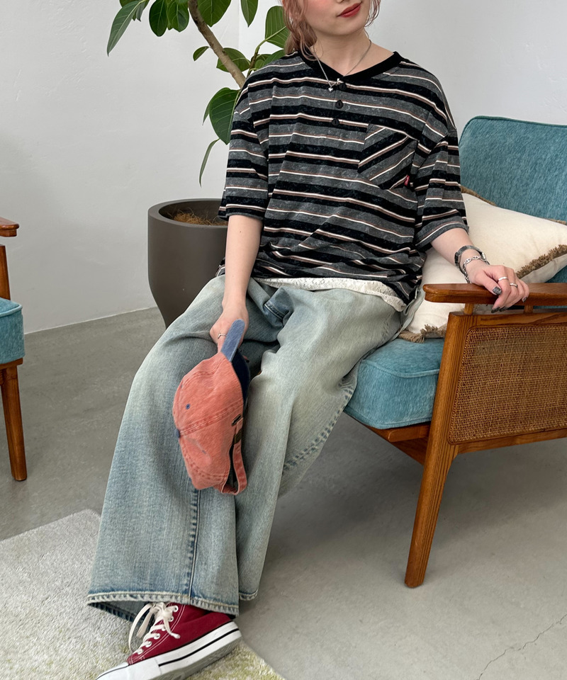 スプレー加工ボーダーヘンリープルオーバー 詳細画像 ブラック 10