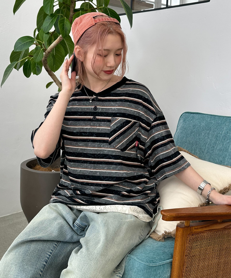 スプレー加工ボーダーヘンリープルオーバー 詳細画像 ブラック 2