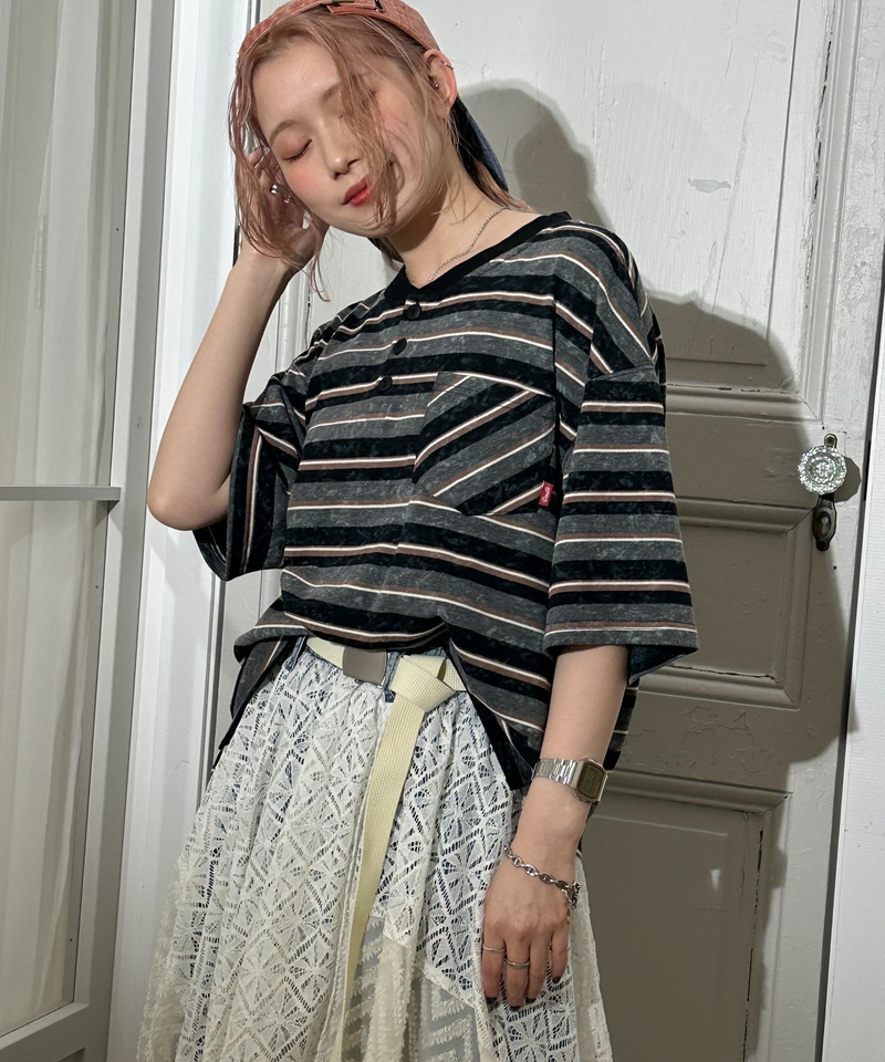 スプレー加工ボーダーヘンリープルオーバー 詳細画像 ブラック 3