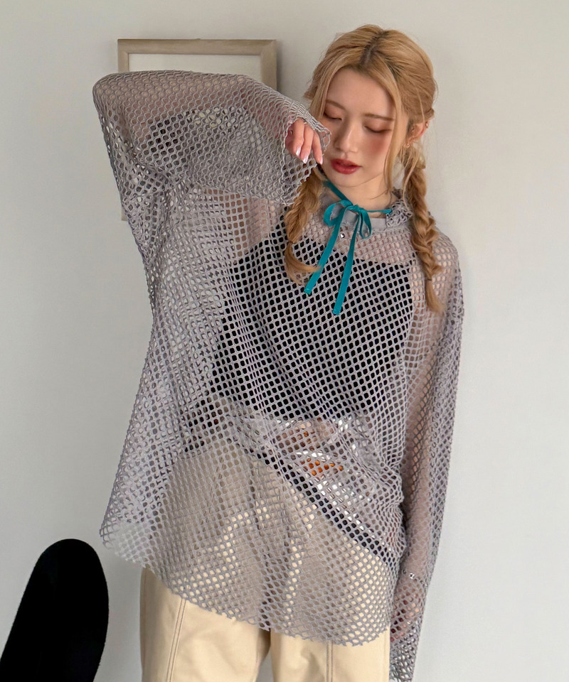 付けフードメッシュ長袖プルオーバー 詳細画像 ブルー 1