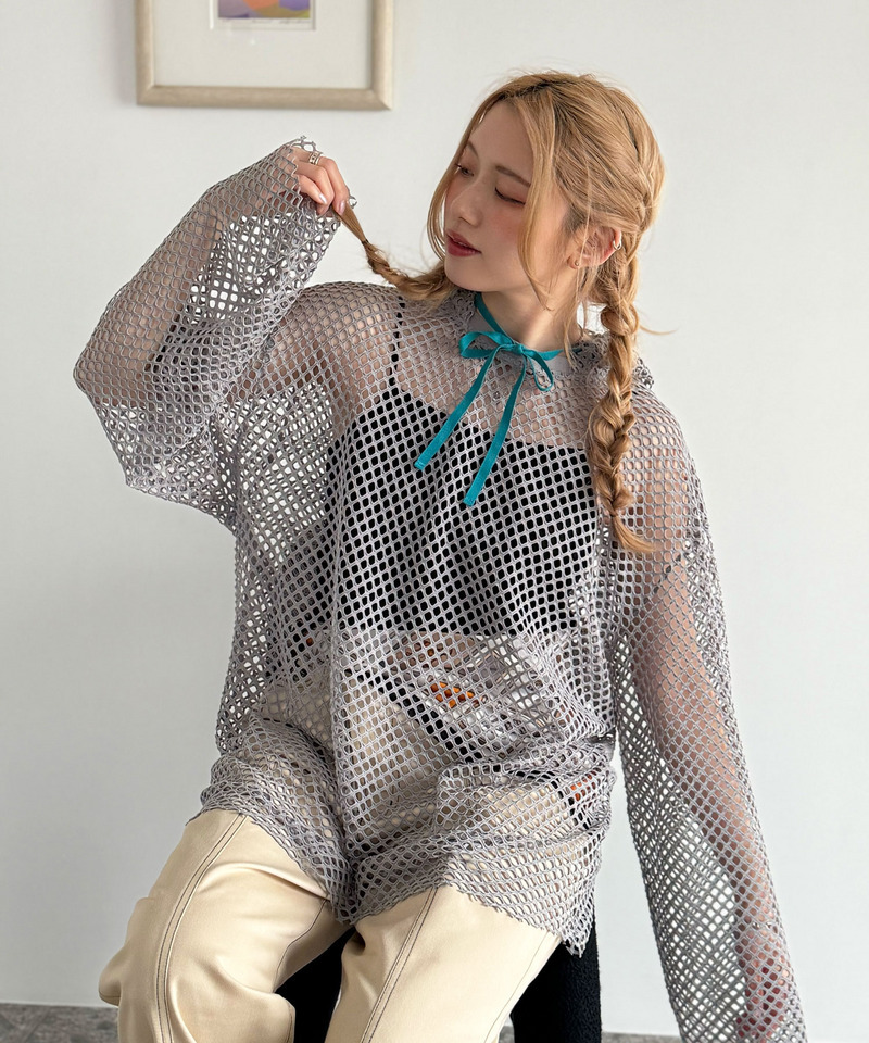 付けフードメッシュ長袖プルオーバー 詳細画像 ブルー 4