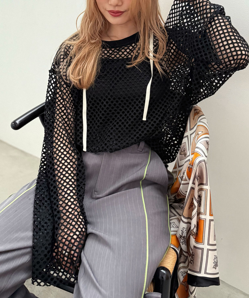 付けフードメッシュ長袖プルオーバー 詳細画像 ブラック 2