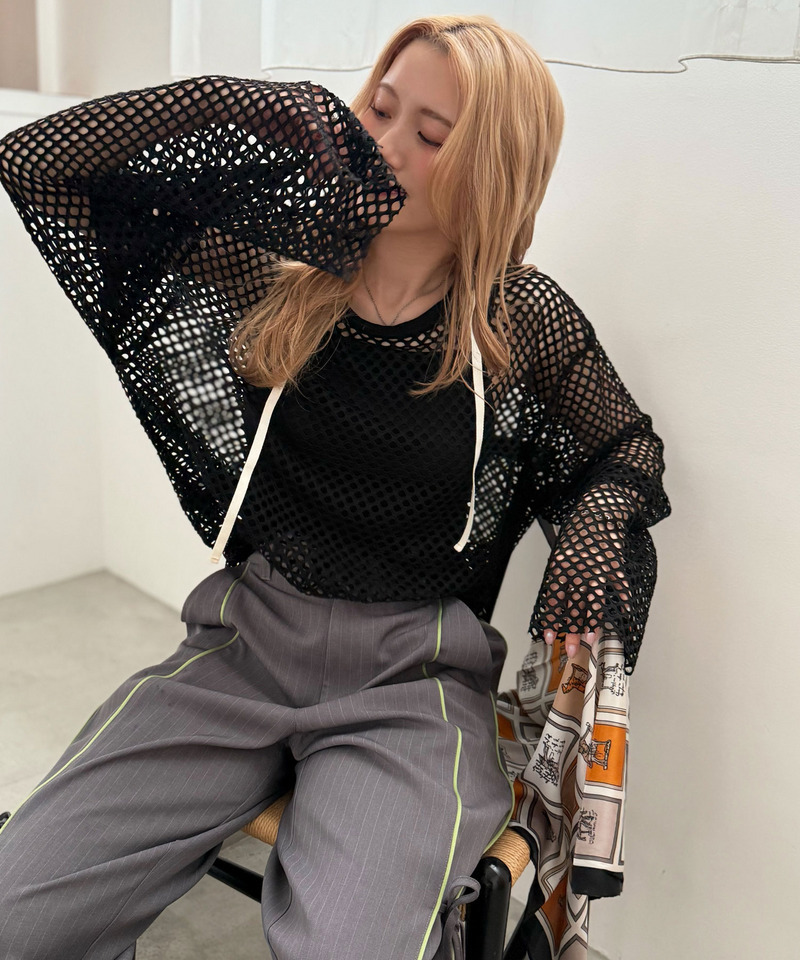 付けフードメッシュ長袖プルオーバー 詳細画像 ブラック 4