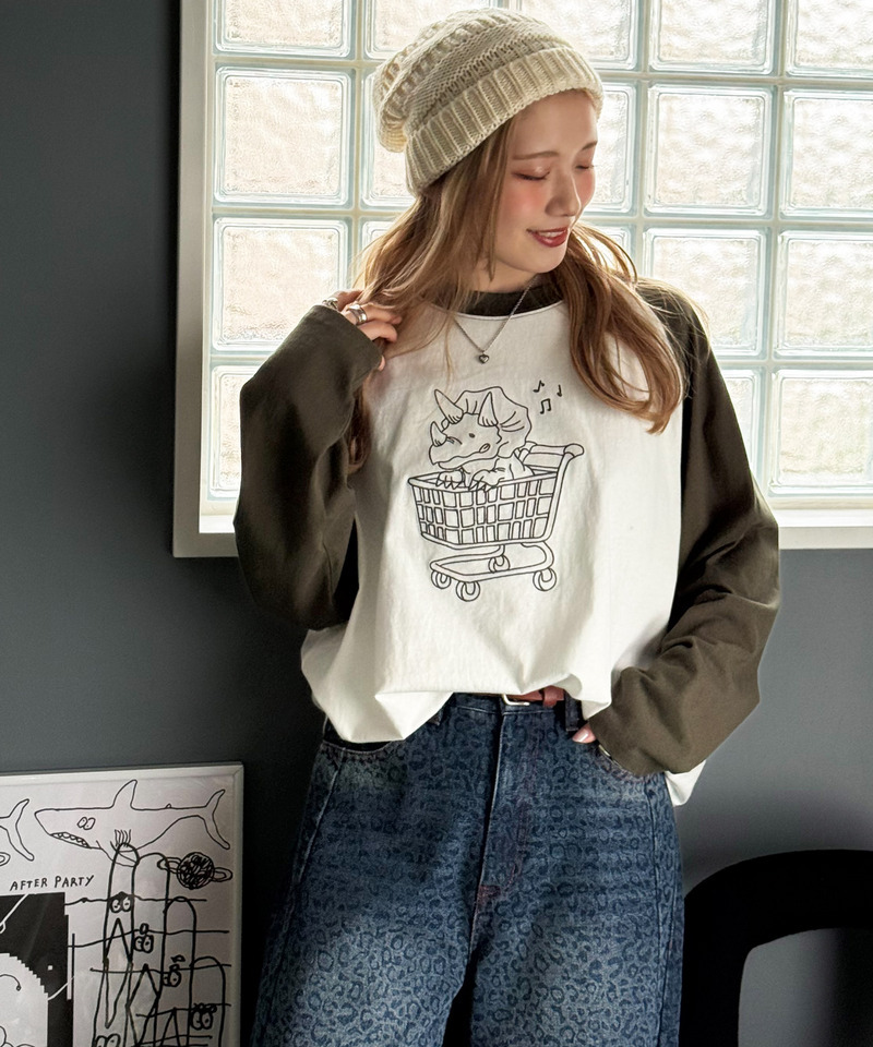 一緒にショッピングしたい恐竜ロンTEE 詳細画像 カーキ 3