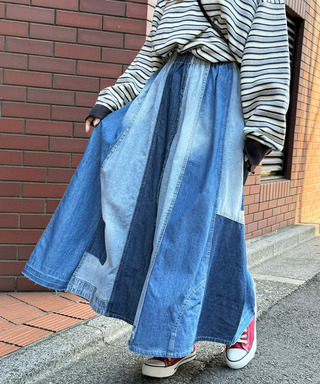 リメイク風パッチワークデニムスカート