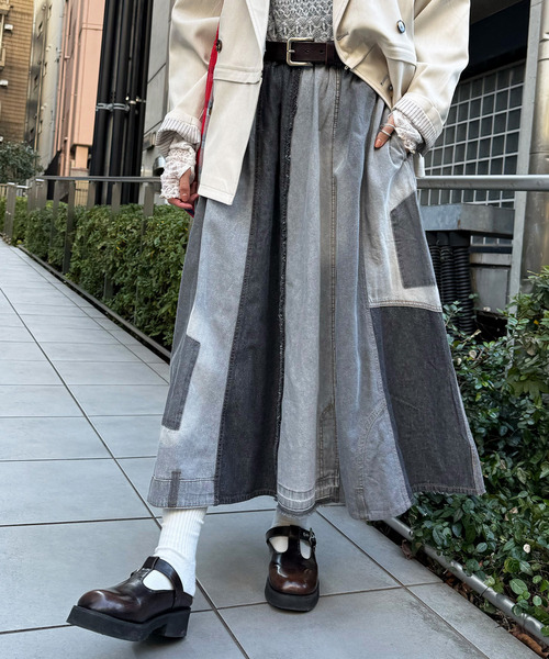 リメイク風パッチワークデニムスカート 詳細画像