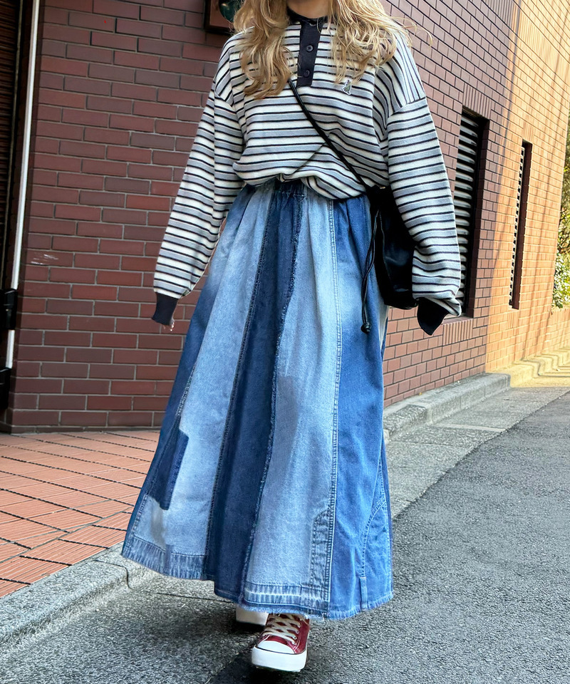 リメイク風パッチワークデニムスカート 詳細画像 インディゴ 2