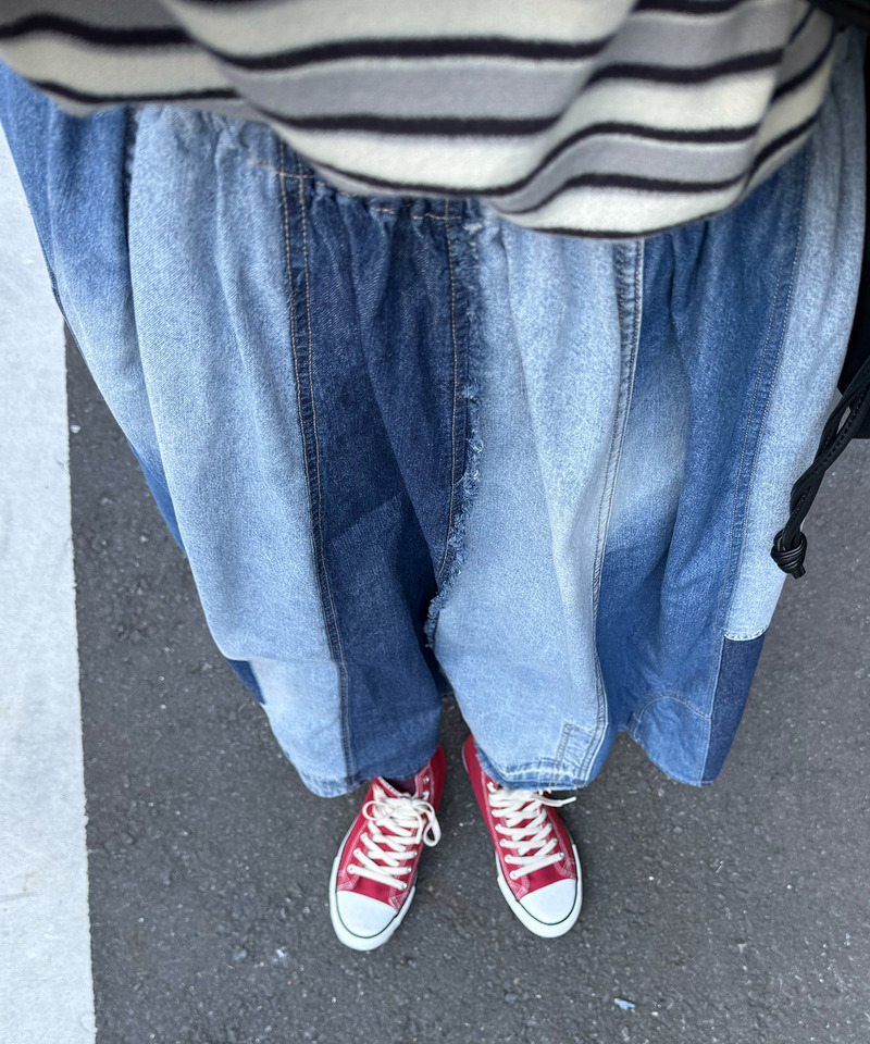 リメイク風パッチワークデニムスカート 詳細画像 インディゴ 3