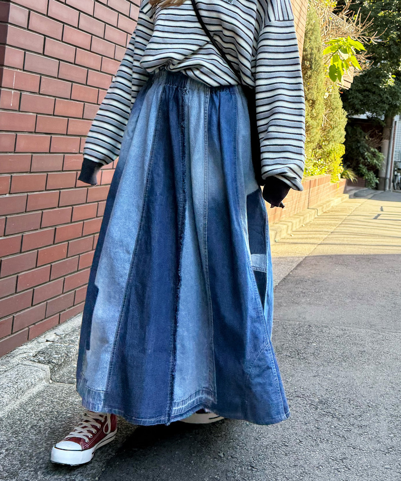 リメイク風パッチワークデニムスカート 詳細画像 インディゴ 6