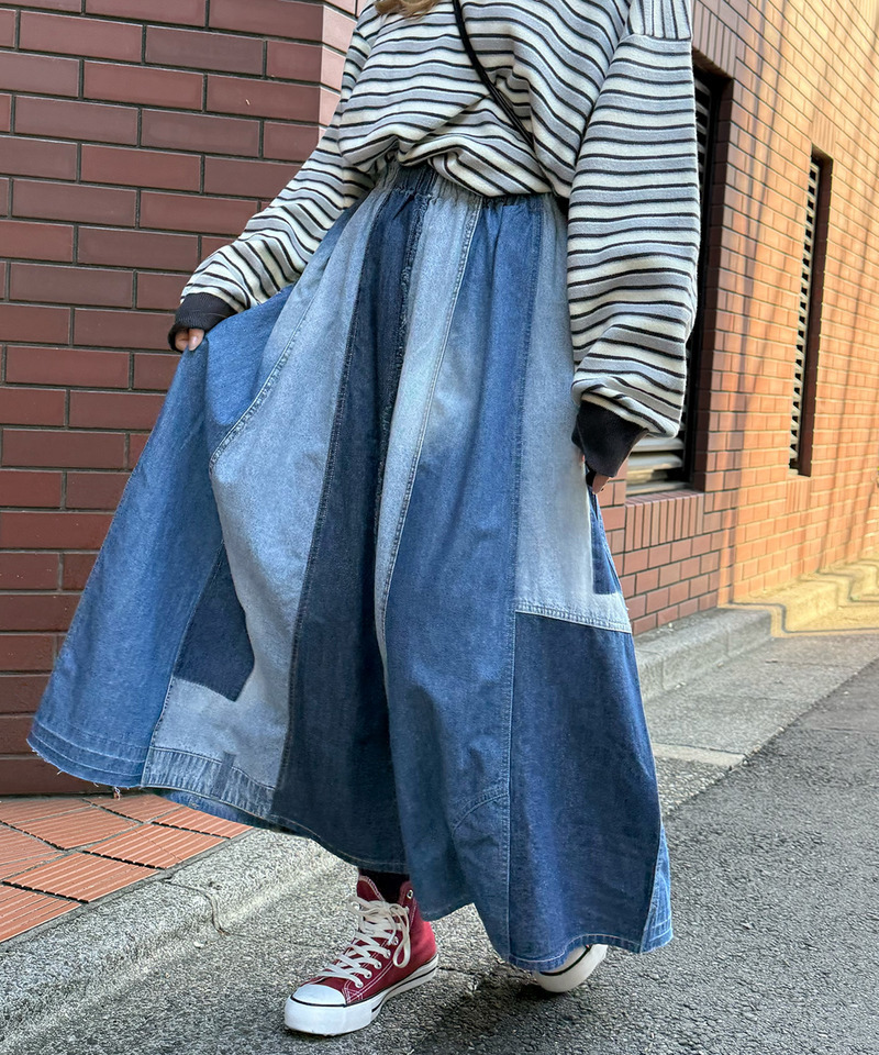 リメイク風パッチワークデニムスカート 詳細画像 インディゴ 7