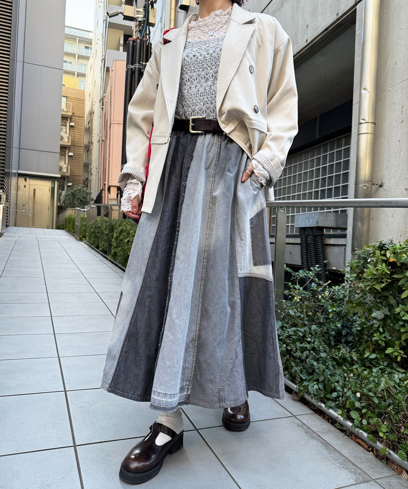 リメイク風パッチワークデニムスカート 詳細画像 ブラックデニム 2