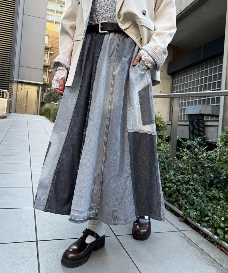 リメイク風パッチワークデニムスカート 詳細画像 ブラックデニム 3