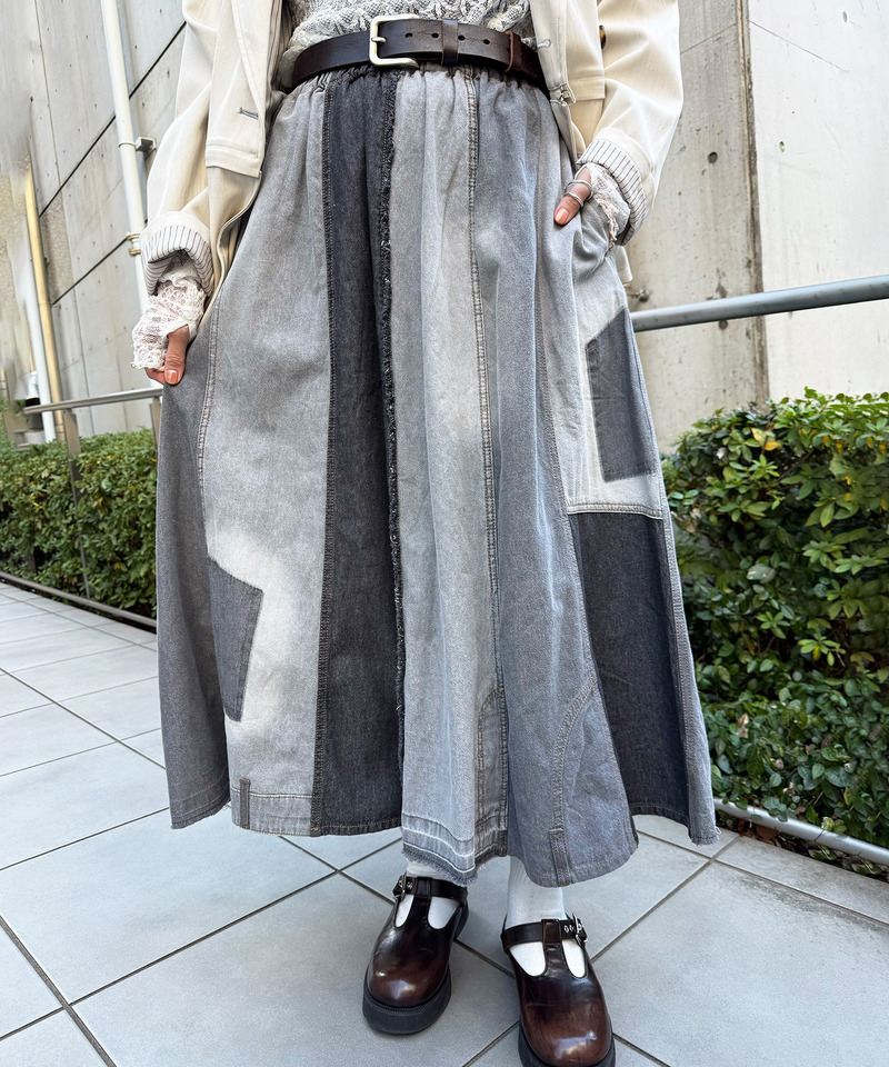 リメイク風パッチワークデニムスカート 詳細画像 ブラックデニム 8