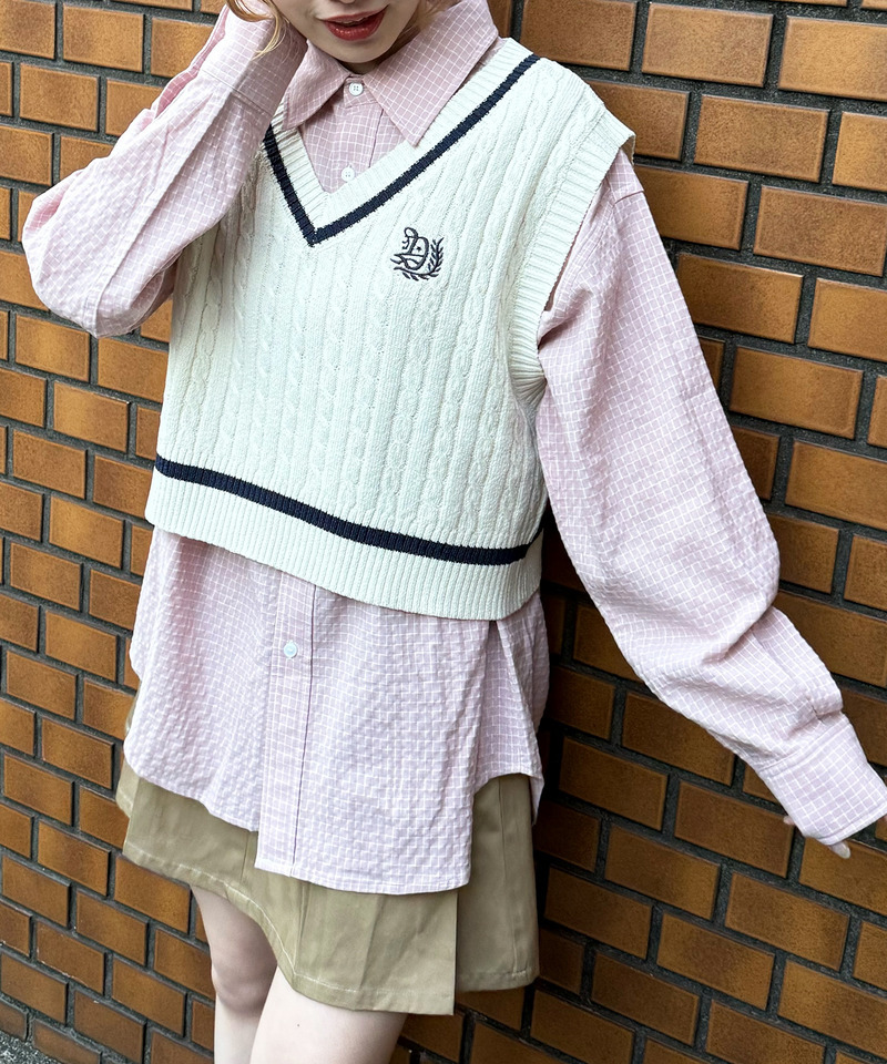 ワンポイント刺しゅうラインニットベスト 詳細画像 オフホワイト 2