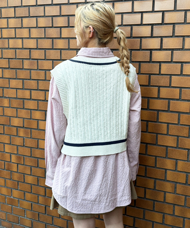 ワンポイント刺しゅうラインニットベスト 詳細画像 オフホワイト 3