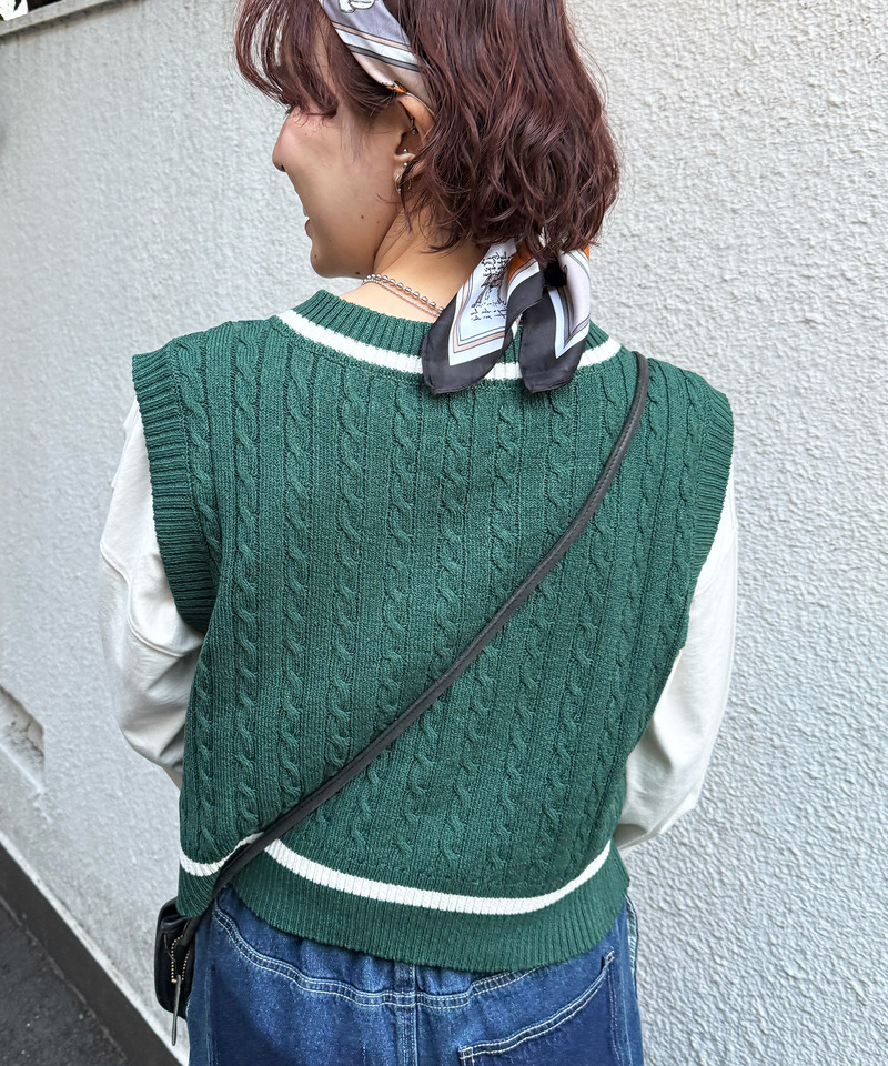 ワンポイント刺しゅうラインニットベスト 詳細画像 グリーン 3