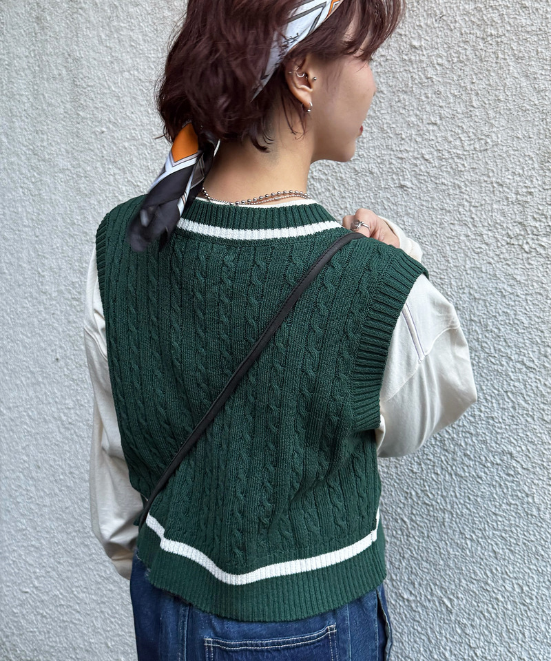 ワンポイント刺しゅうラインニットベスト 詳細画像 グリーン 5
