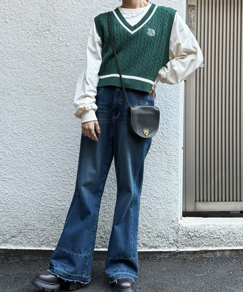 ワンポイント刺しゅうラインニットベスト 詳細画像 グリーン 7