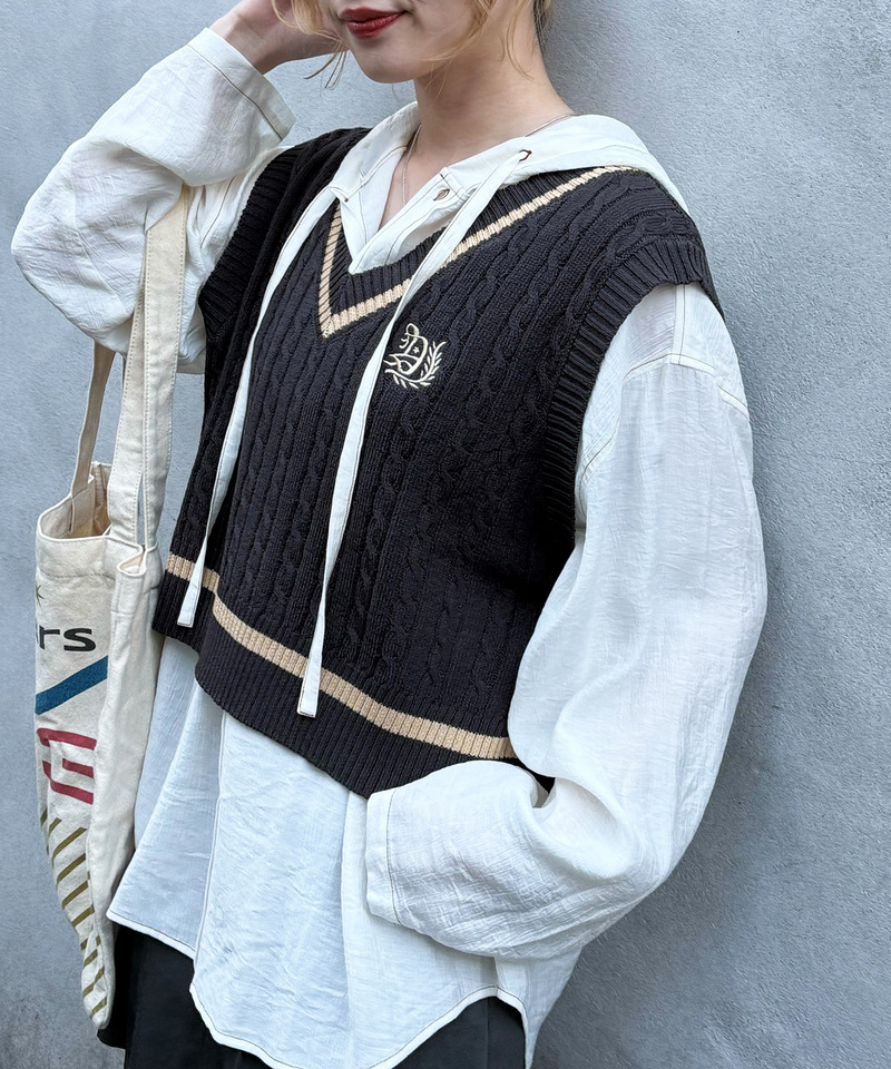 ワンポイント刺しゅうラインニットベスト 詳細画像 ブラック系 3