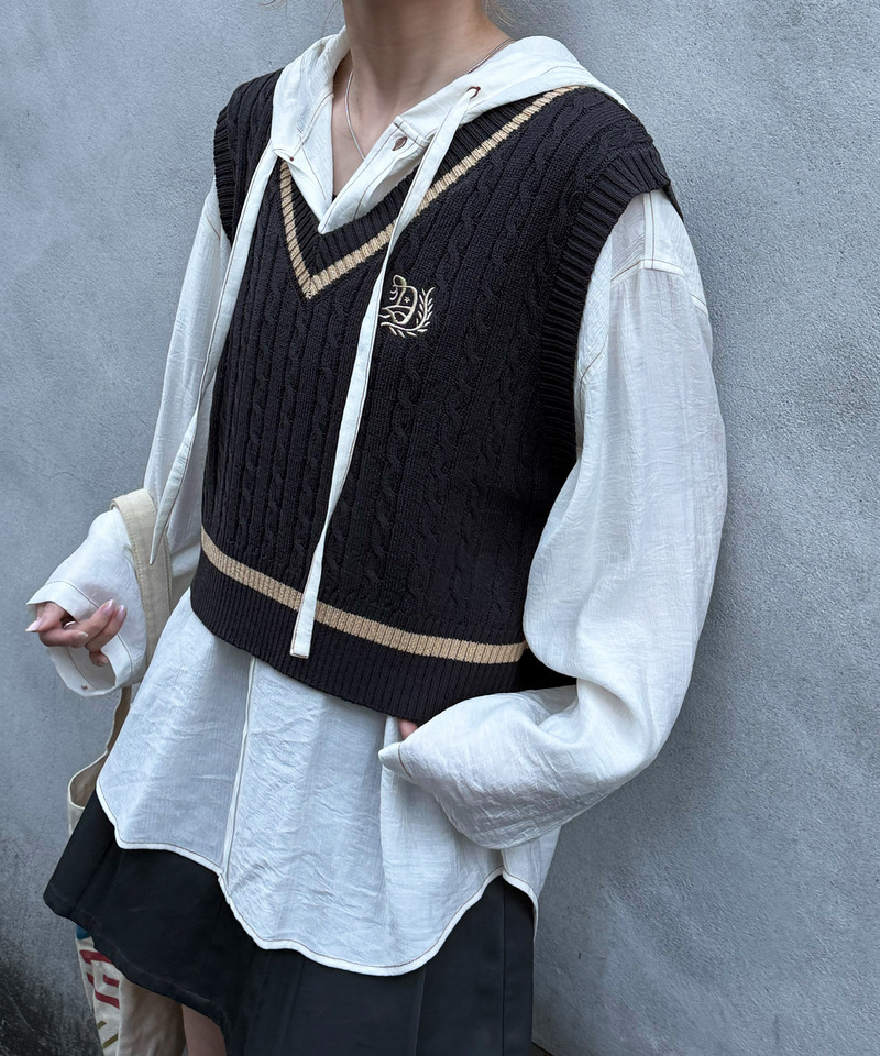 ワンポイント刺しゅうラインニットベスト 詳細画像 ブラック系 5