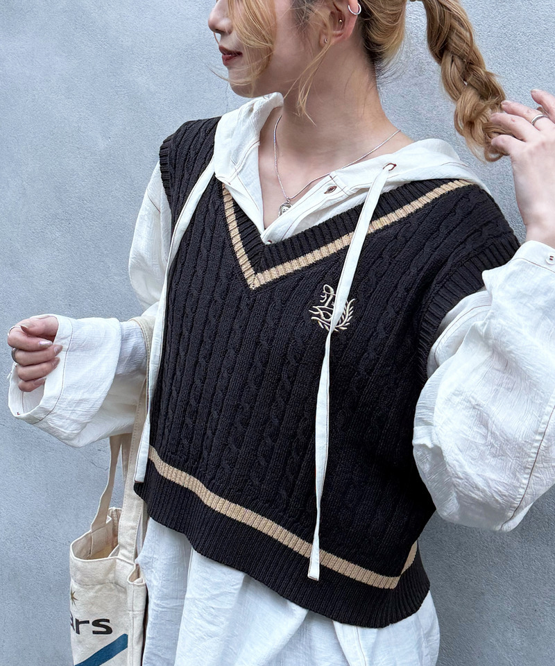 ワンポイント刺しゅうラインニットベスト 詳細画像 ブラック系 6