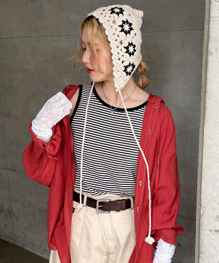 シアー楊柳 配色ステッチフーディシャツ