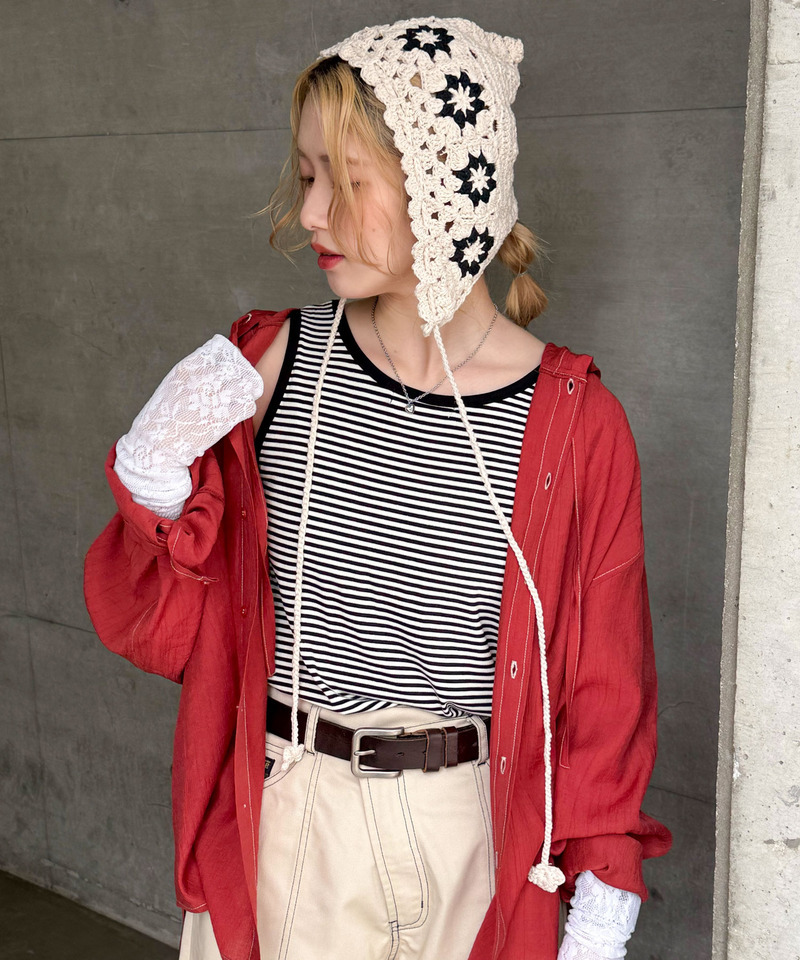 シアー楊柳 配色ステッチフーディシャツ 詳細画像 レッド 1