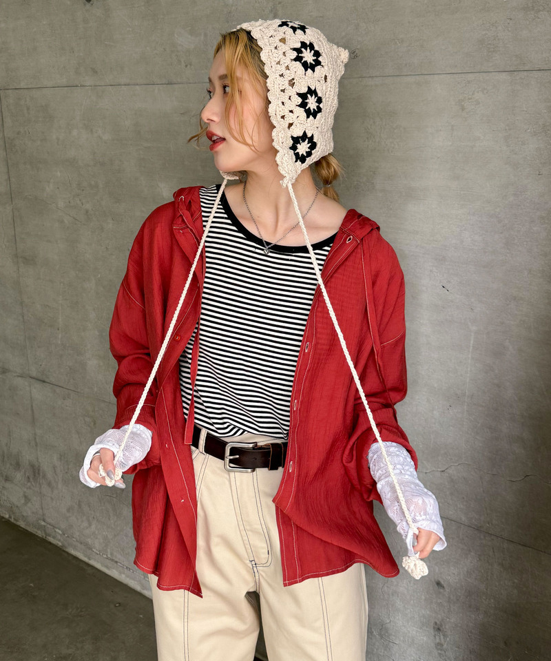 シアー楊柳 配色ステッチフーディシャツ 詳細画像 レッド 3