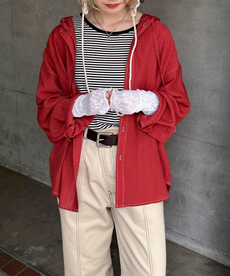 シアー楊柳 配色ステッチフーディシャツ 詳細画像 レッド 4