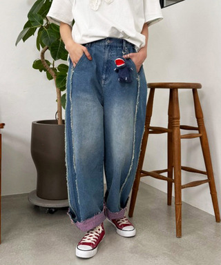 下糸配色ウエストボタン調節パンツ