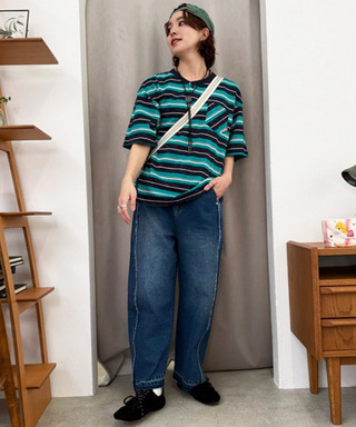 下糸配色ウエストボタン調節パンツ