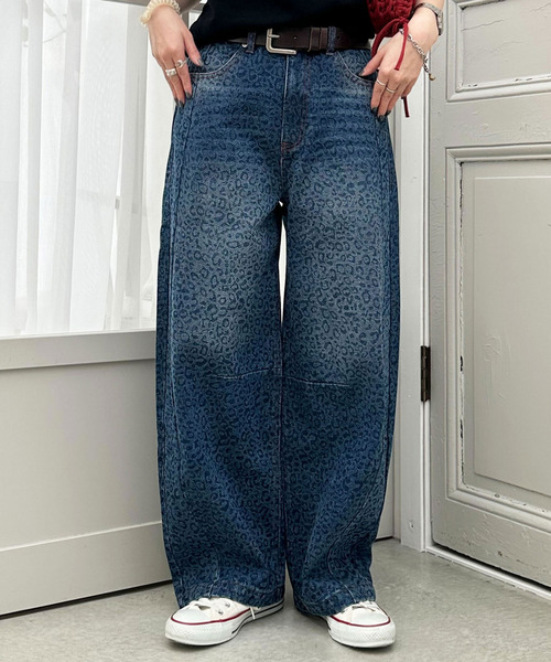 レオパード柄カーブデニムパンツ 詳細画像