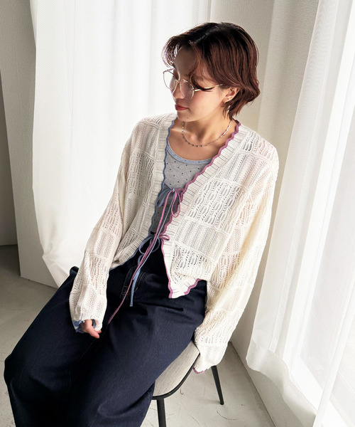 配色リボンレースニットカーデ 詳細画像