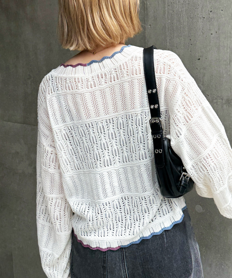 配色リボンレースニットカーデ 詳細画像 オフホワイト 10