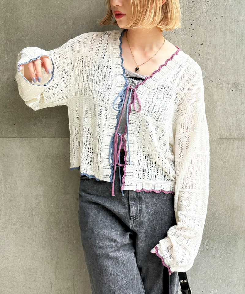 配色リボンレースニットカーデ 詳細画像 オフホワイト 11