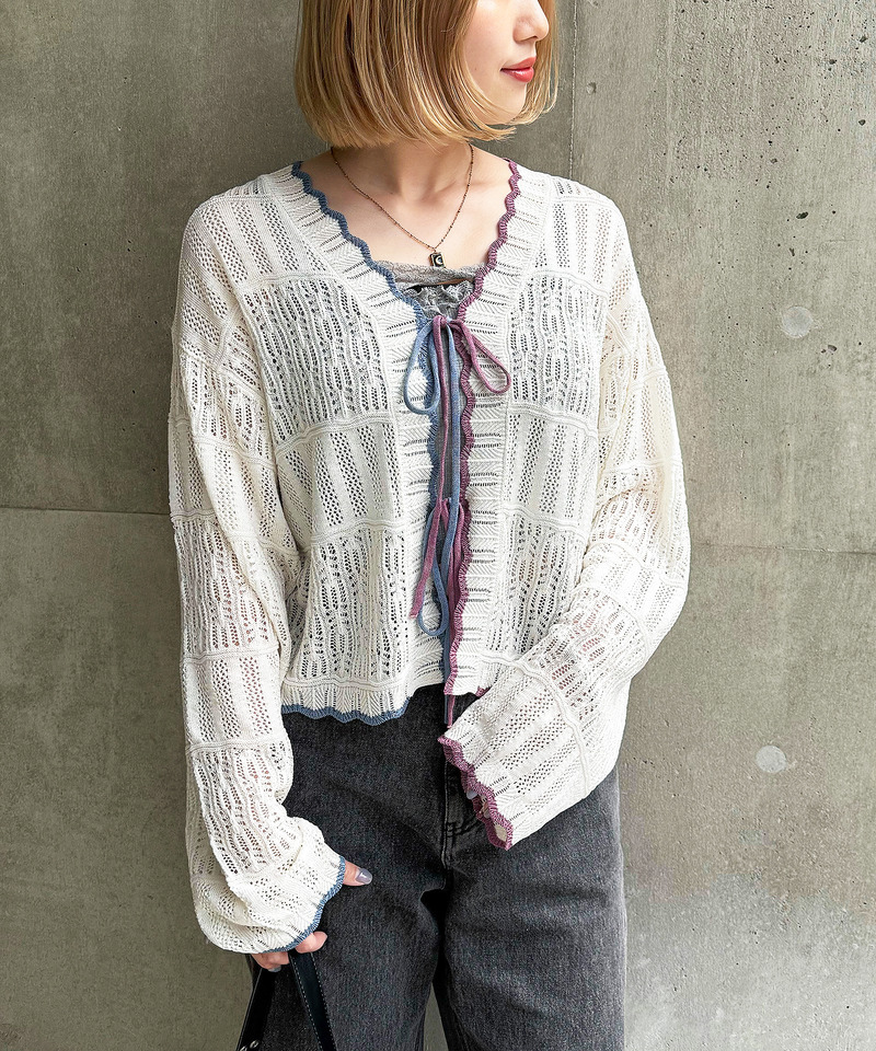 配色リボンレースニットカーデ 詳細画像 オフホワイト 12