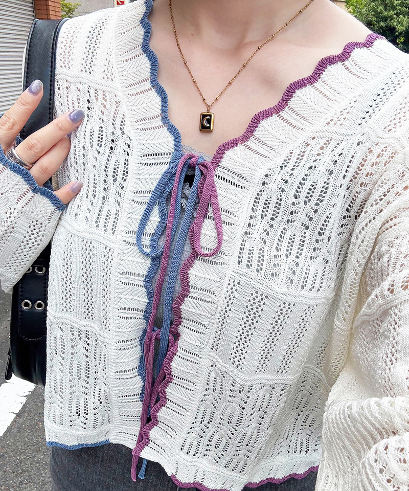 配色リボンレースニットカーデ 詳細画像 オフホワイト 13