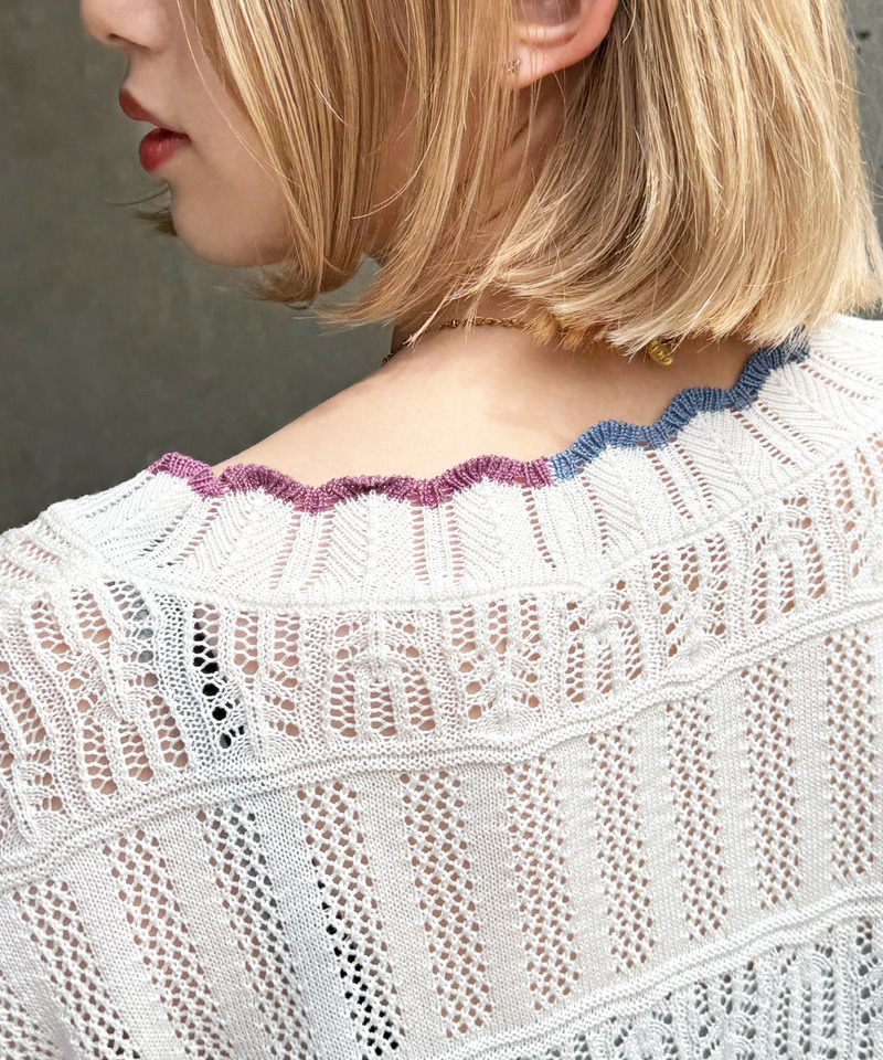 配色リボンレースニットカーデ 詳細画像 オフホワイト 14