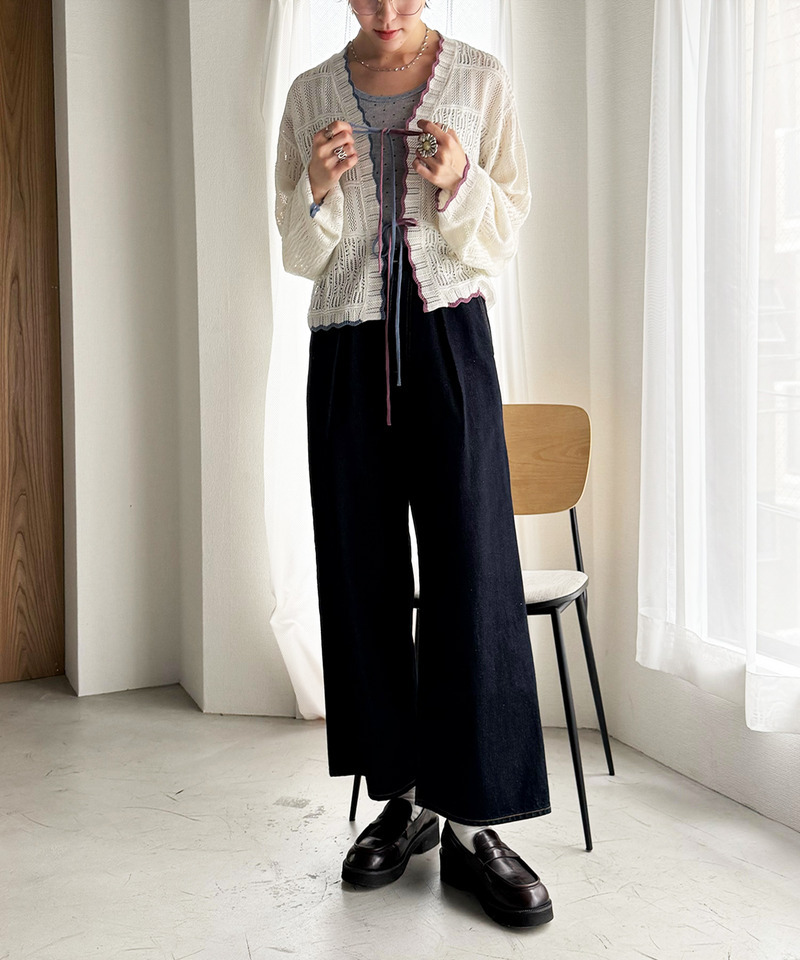 配色リボンレースニットカーデ 詳細画像 オフホワイト 15