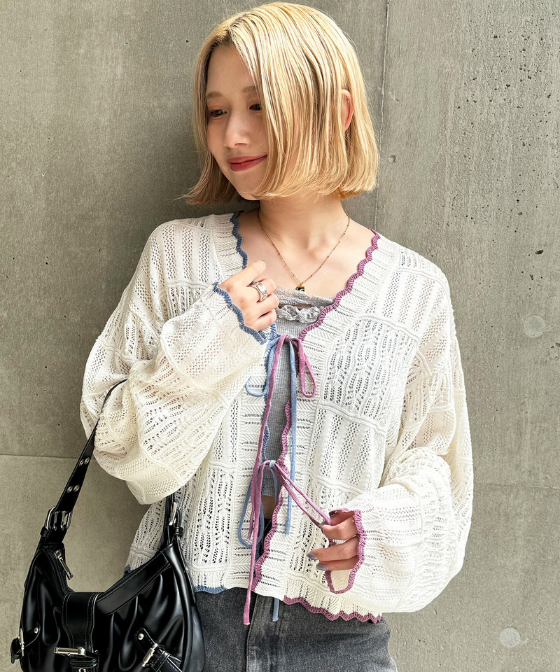 配色リボンレースニットカーデ 詳細画像 オフホワイト 17