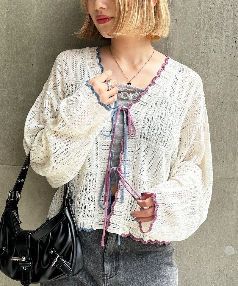 配色リボンレースニットカーデ 詳細画像 オフホワイト 18