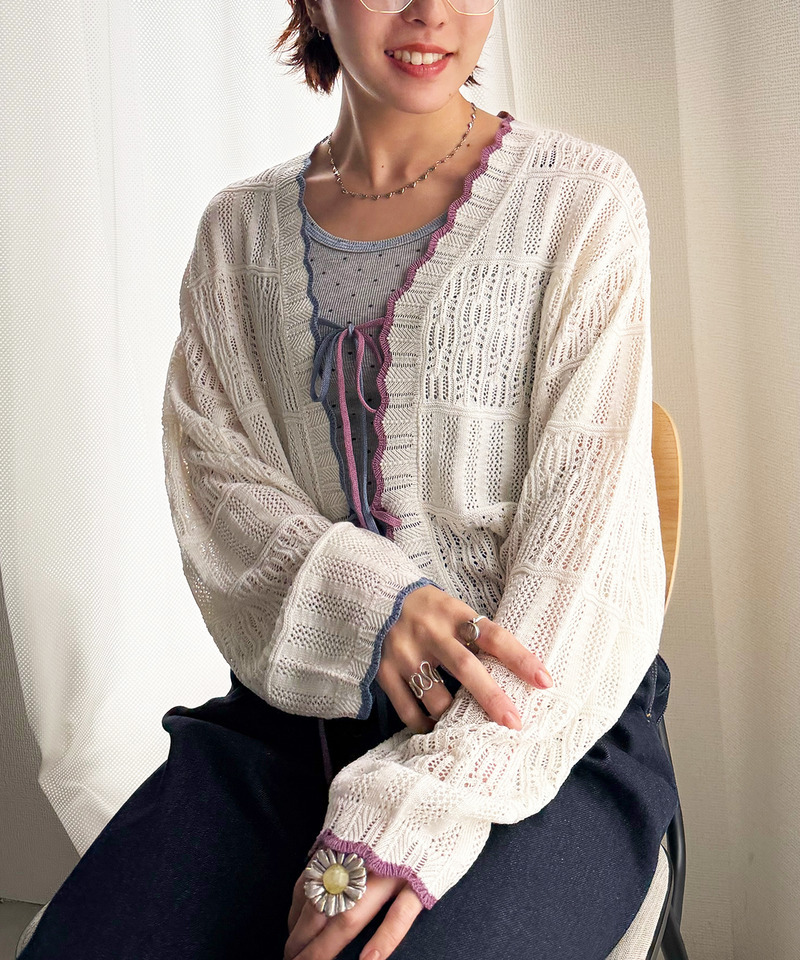 配色リボンレースニットカーデ 詳細画像 オフホワイト 2