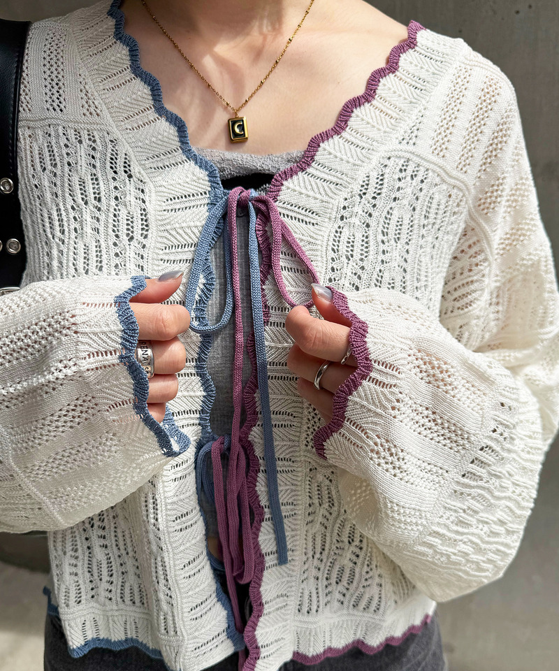 配色リボンレースニットカーデ 詳細画像 オフホワイト 21
