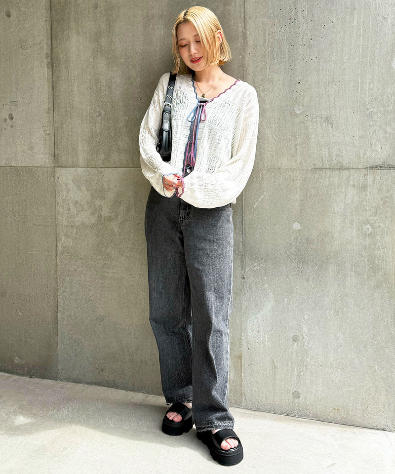 配色リボンレースニットカーデ 詳細画像 オフホワイト 22