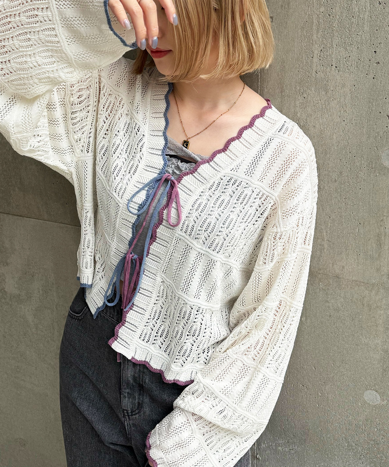 配色リボンレースニットカーデ 詳細画像 オフホワイト 3