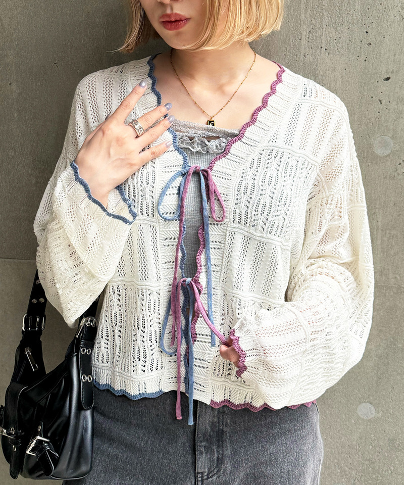 配色リボンレースニットカーデ 詳細画像 オフホワイト 4