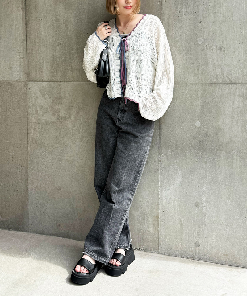 配色リボンレースニットカーデ 詳細画像 オフホワイト 5